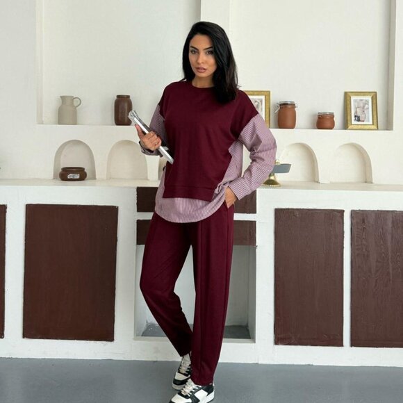 Stylish Long Sleeve Garnished 2-piece Suit Striped Sleeves - S, M, L, XL - Picture 2 of 4